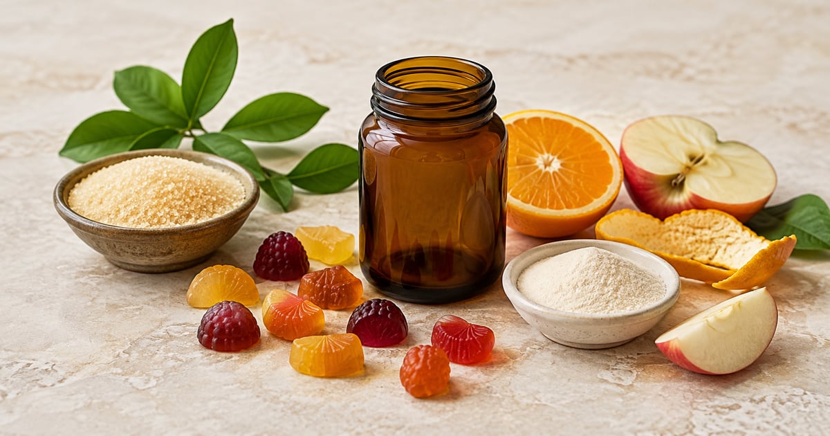 Gummy vitamins with gelatin granules, citrus and apple pectin ingredients