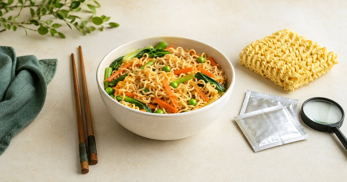 Instant noodles, seasoning sachets and a magnifying glass for checking ingredients