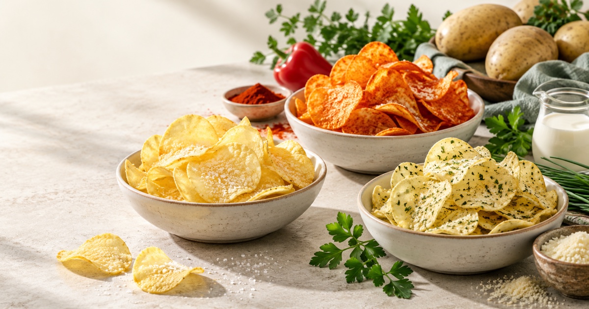 Unbranded bowls of plain and seasoned potato chips with spices nearby