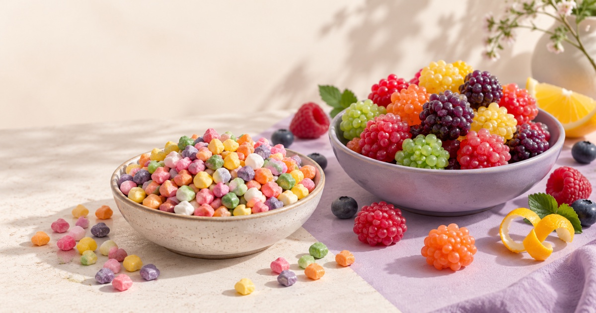 Colourful crunchy candies beside unbranded gummy clusters on a clean table
