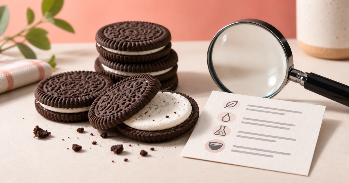 Unbranded chocolate sandwich cookies beside a magnifying glass and ingredient checklist