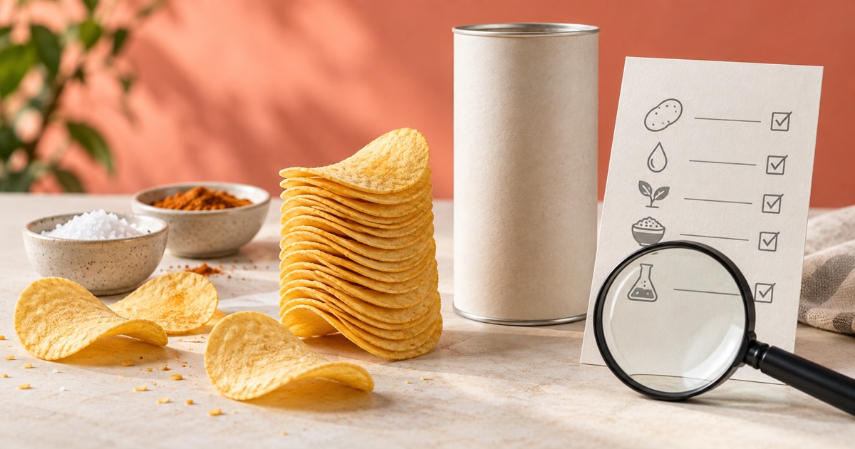 Unbranded stacked potato crisps and a blank can beside an ingredient checklist