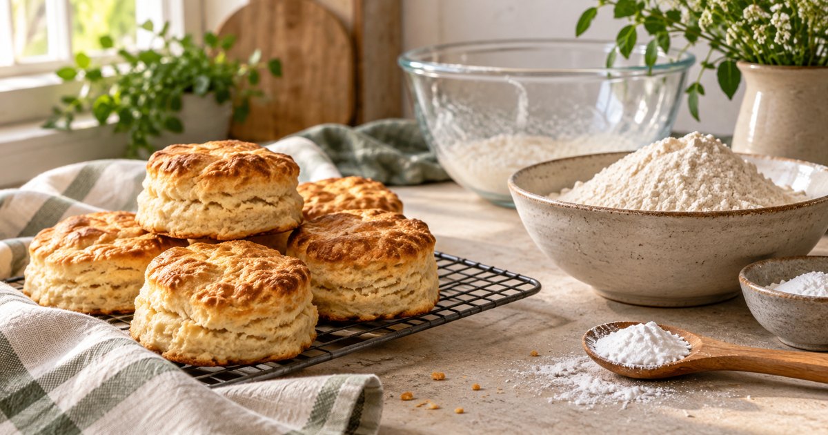Freshly baked biscuits, flour and a spoonful of baking powder on a sunlit worktop