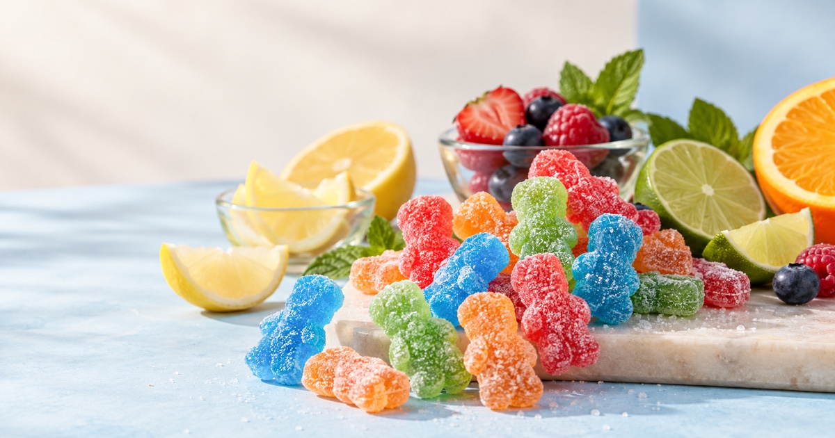Editorial still life of colourful child-shaped sour gummy sweets with citrus and berries