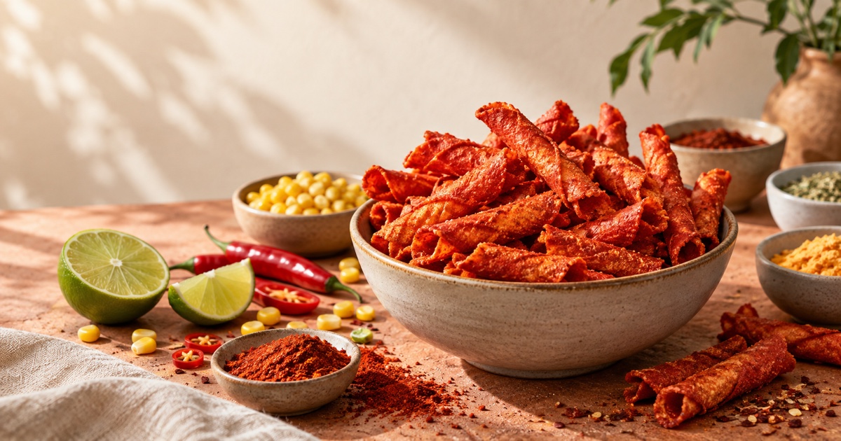 Editorial still life of unbranded spicy rolled corn chips with chilli, lime and seasoning