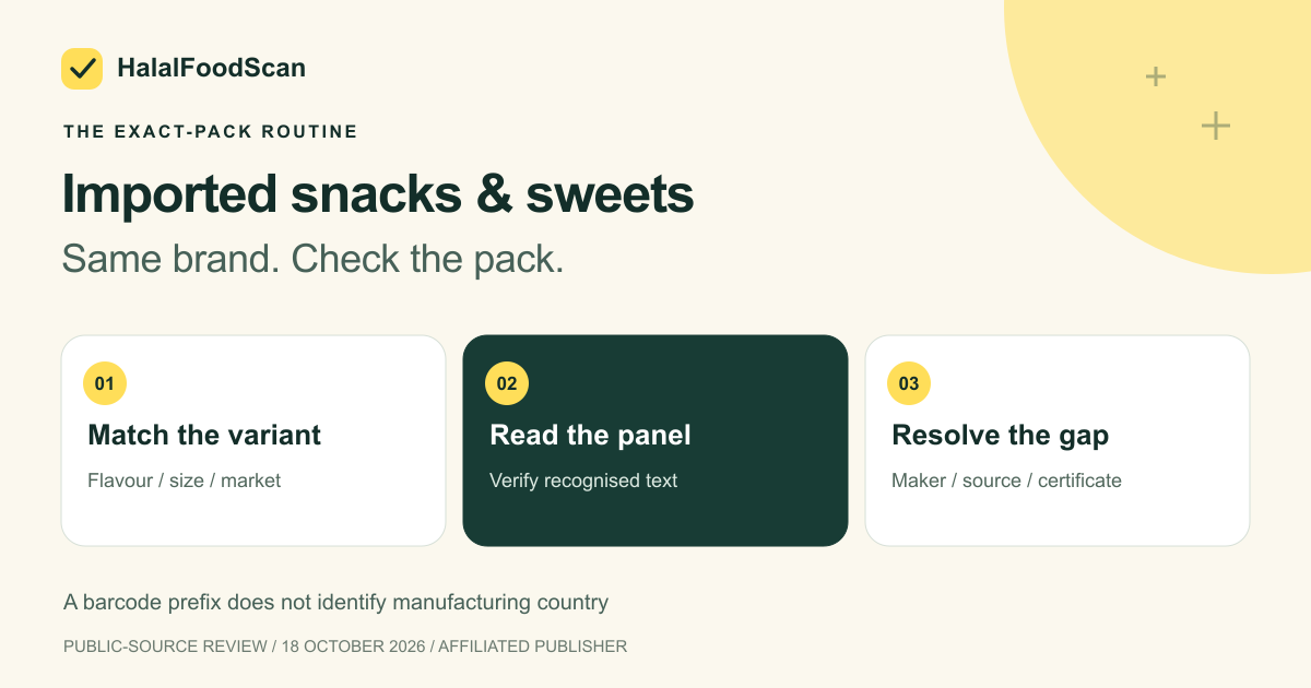 Imported-snack checking sequence: match the pack, read the label, investigate missing evidence