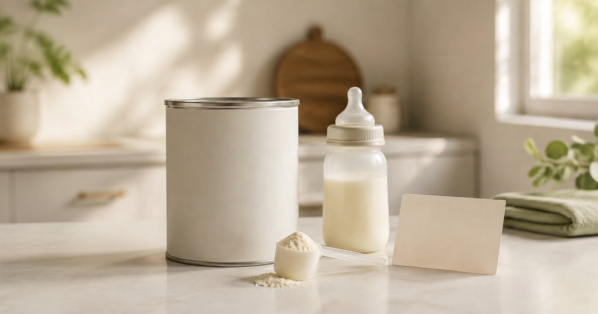 Unbranded infant formula tin, scoop and prepared feeding bottle