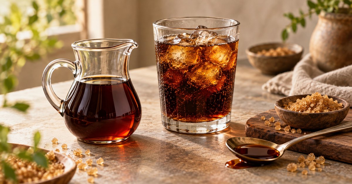 Dark amber liquid in a glass pitcher beside a glass of cola, syrup and brown sugar