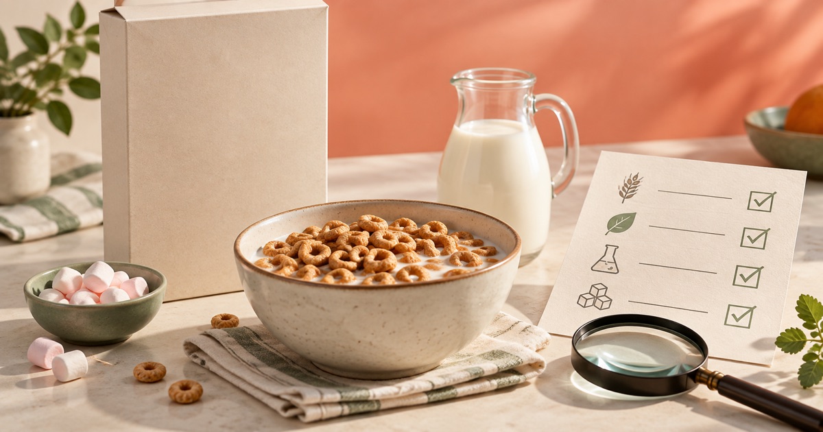 Unbranded cereal bowl, milk and marshmallows beside an ingredient checklist