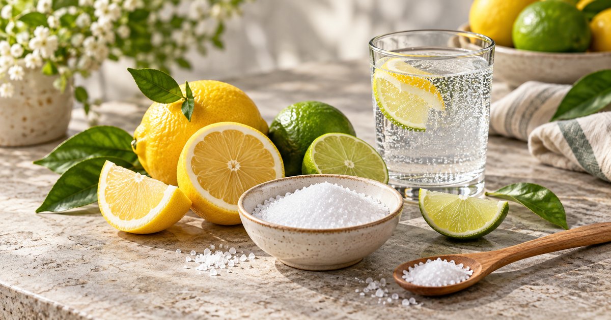 Lemon and lime slices, clear water and a small bowl of pale crystals on stone