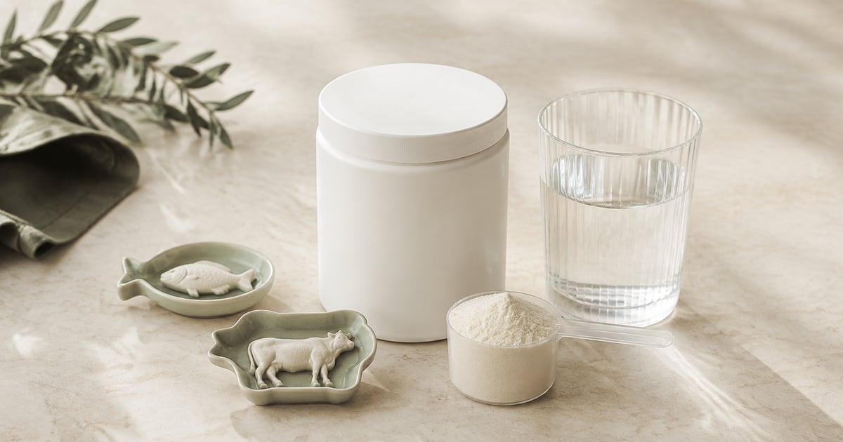 Collagen powder with fish and bovine source symbols
