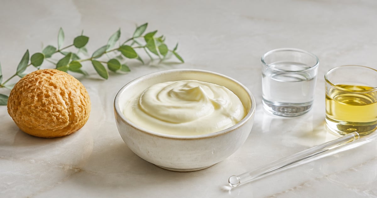 Cream, pastry, water and oil illustrating how E435 works as an emulsifier
