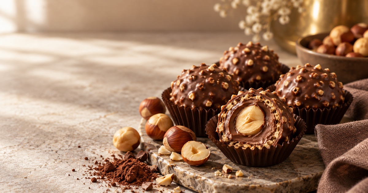 Editorial still life of unbranded chocolate hazelnut pralines with a wafer and nut centre