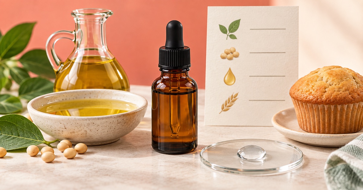 Plant oil and an unbranded glycerin dropper beside food and an ingredient checklist