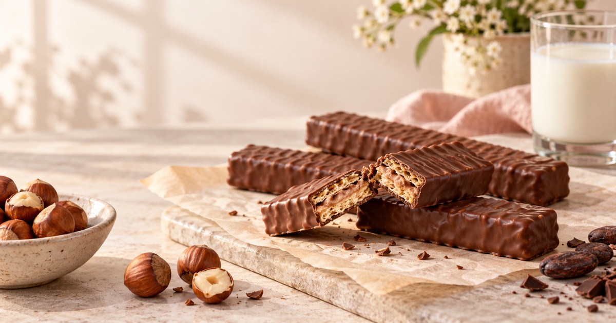 Editorial still life of unbranded chocolate hazelnut wafer fingers with a layered centre