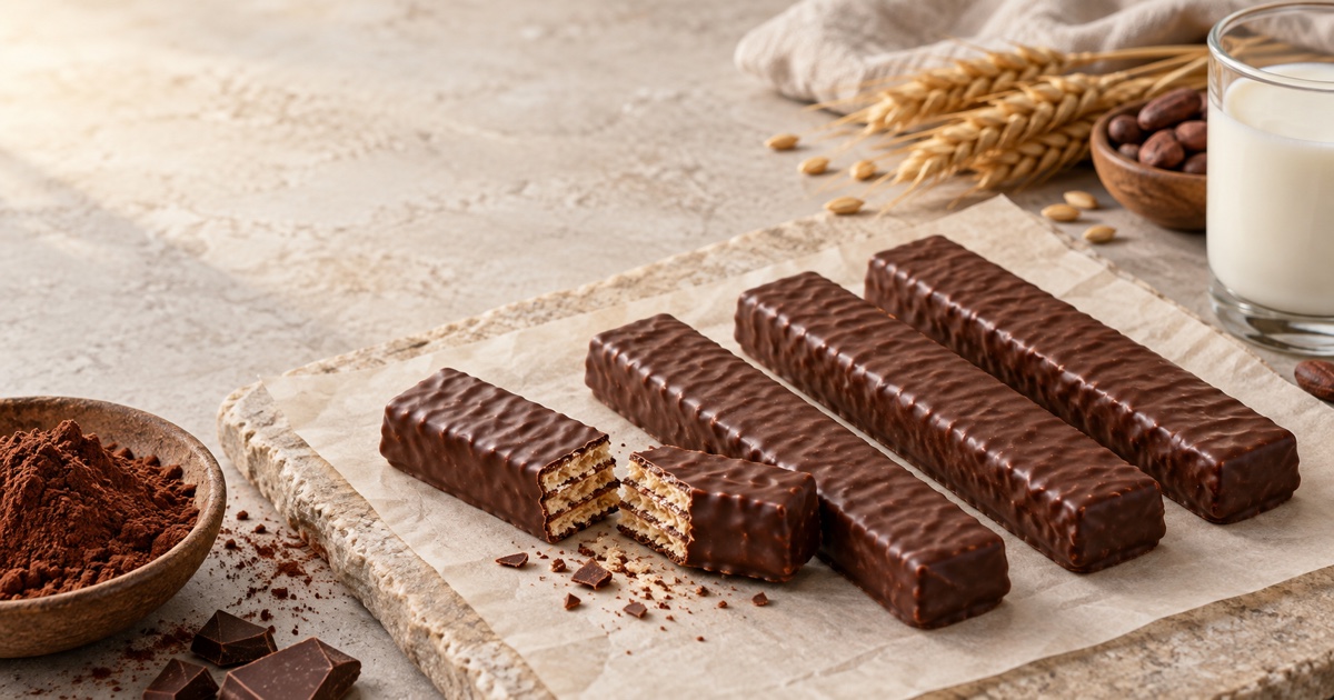 Unbranded chocolate-coated wafer fingers broken open to show crisp layers
