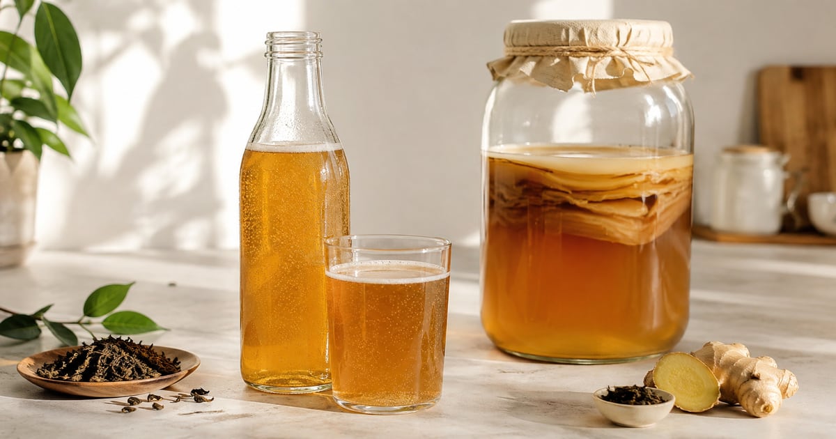 Bottled kombucha, a glass and a fermentation jar with a SCOBY