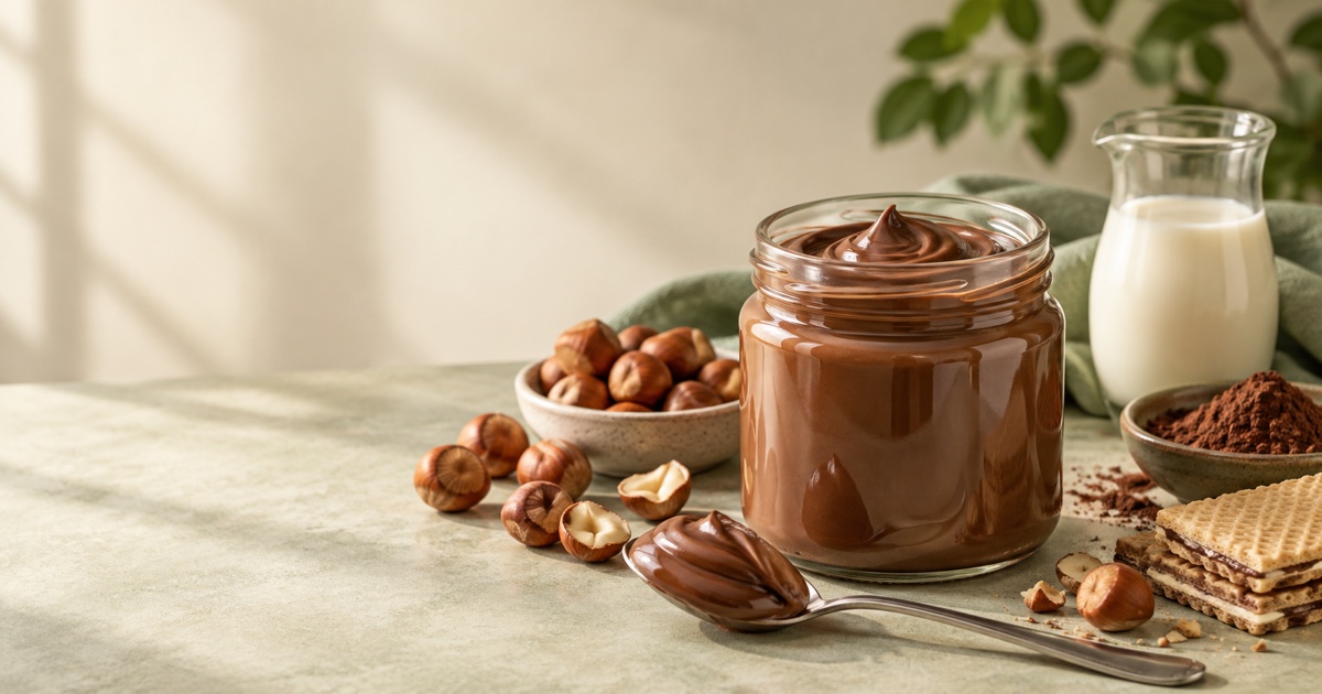Editorial still life of unbranded hazelnut cocoa spread with hazelnuts, cocoa, milk and wafer