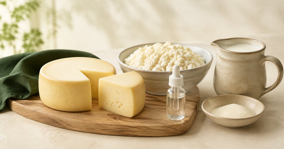Cheese, curds, milk and rennet drops used to explain different rennet sources