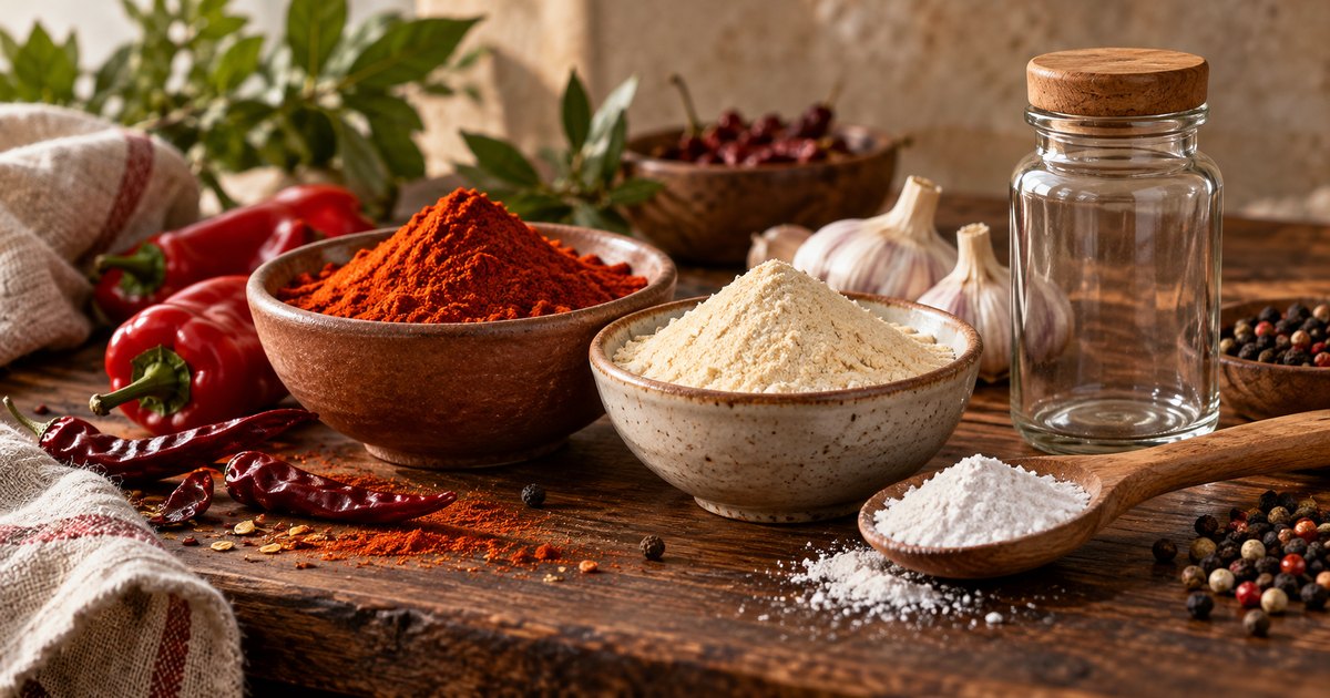 Colourful ground spices, a small bowl of white powder and a plain glass spice jar