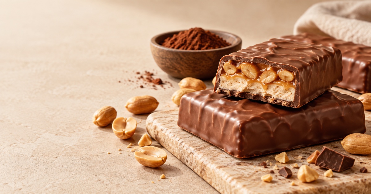 Unbranded chocolate bar cut open to show peanuts, caramel and nougat