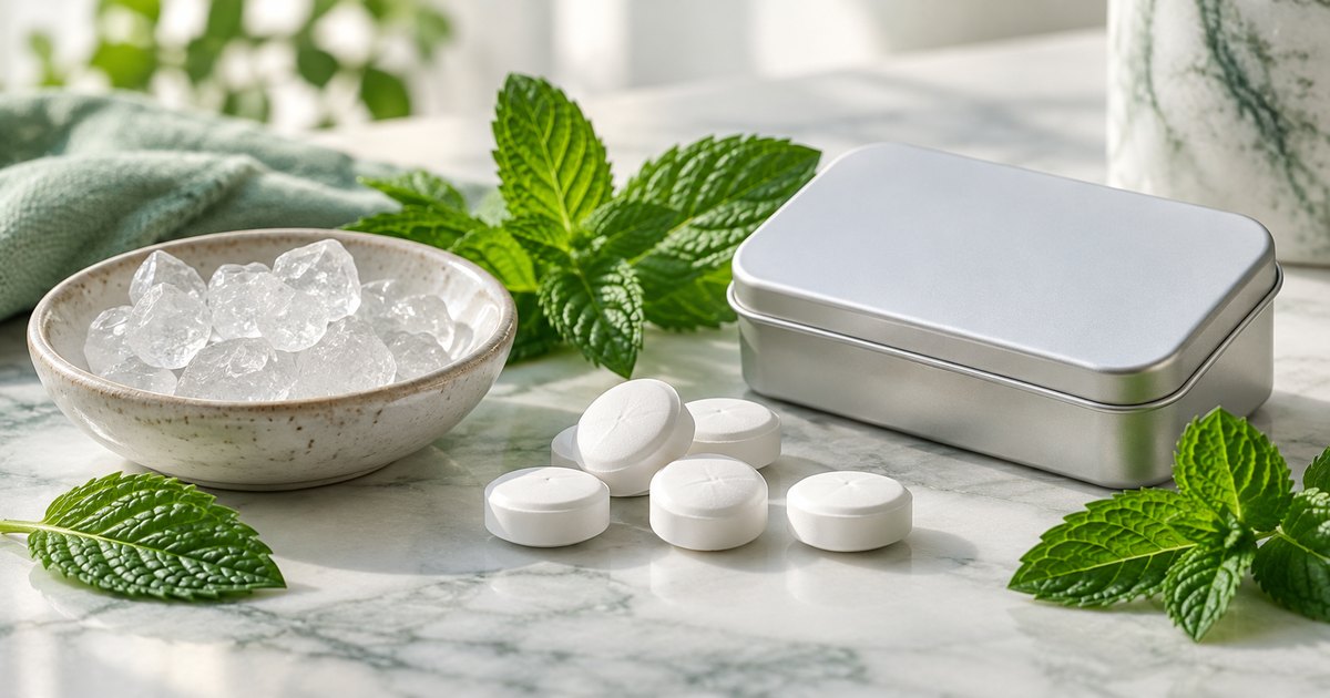 Plain white mint tablets, peppermint leaves and pale crystals beside an unbranded tin