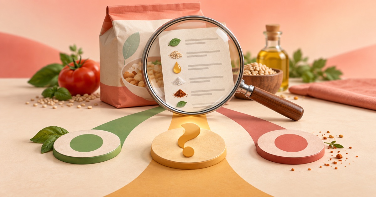Ingredient checklist under a magnifying glass with an amber unresolved decision marker