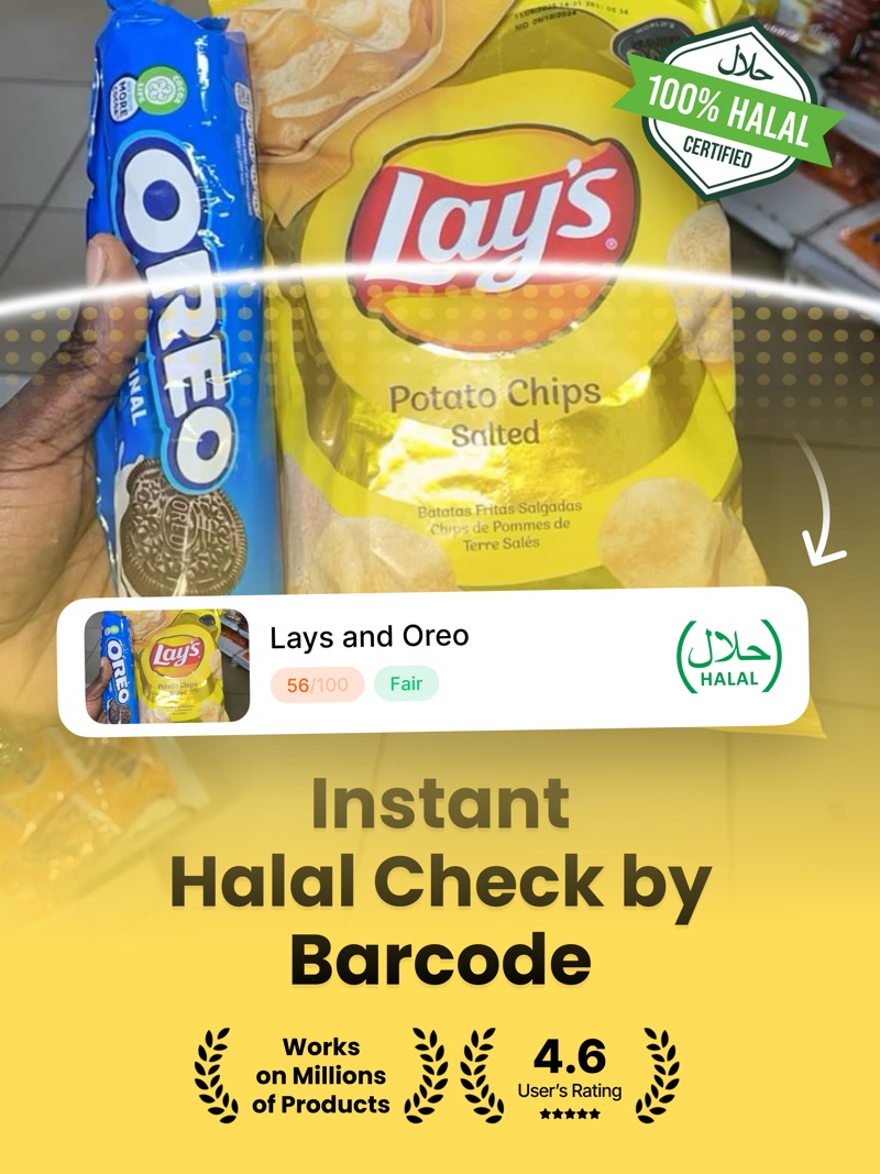 HalalFoodScan English App Store screenshot on iPad scanning Lay’s crisps and Oreo cookies with a product score and halal result card