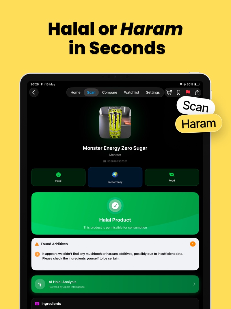 HalalFoodScan English iPad screenshot showing a green Halal Product result for an energy drink with detected additives and product details