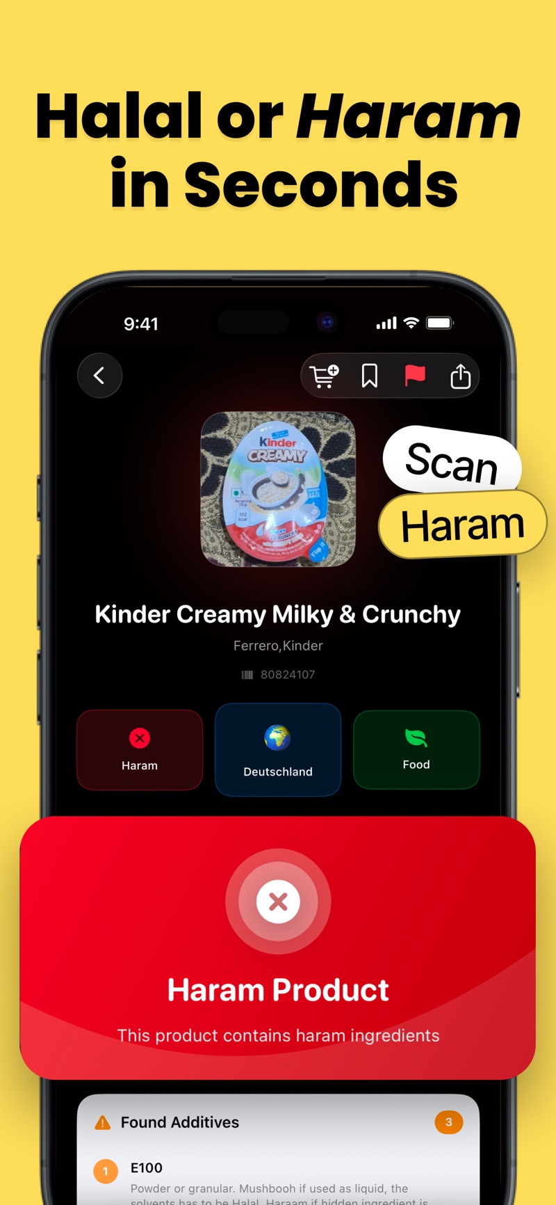 HalalFoodScan showing a red Haram Product result with detected additives and an AI-assisted ingredient explanation