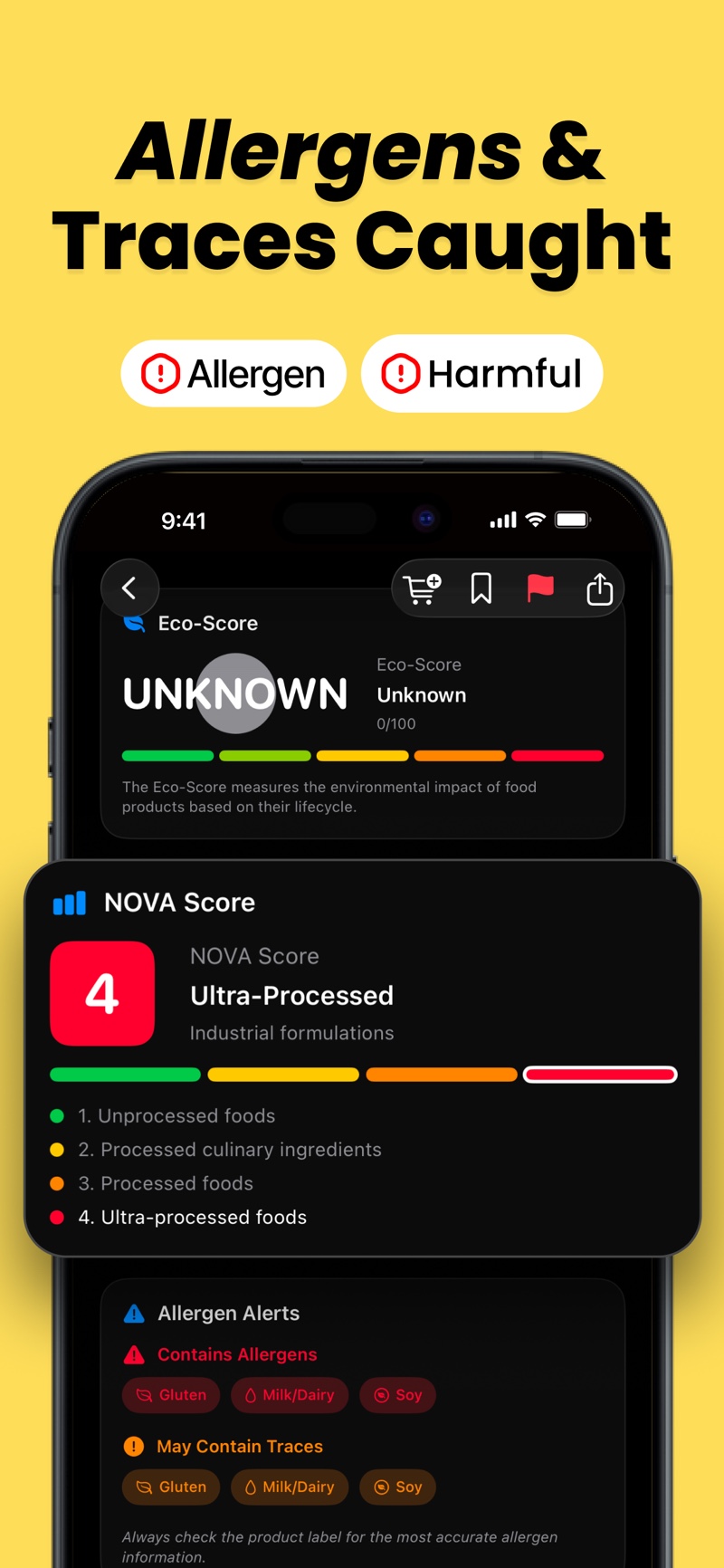 HalalFoodScan English screens showing an Eco-Score, NOVA processing score and alerts for allergens and possible traces