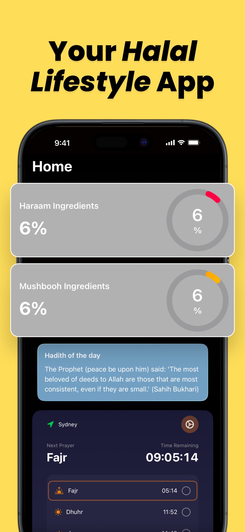 HalalFoodScan English home dashboard showing Haram and Mushbooh ingredient percentages, a hadith card and daily prayer times